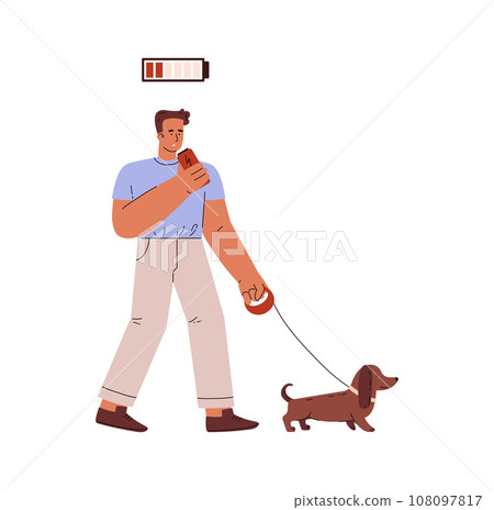 Tired man with a can of energy drink walking with dog, low energy level of life battery charge indicator cartoon vector 108097817