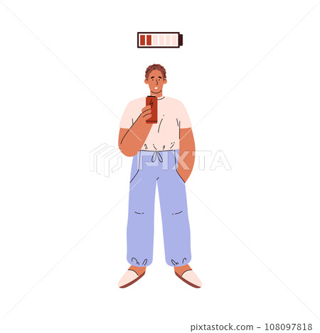 Tired man with a can of energy drink, bored worker, low energy level of life battery charge indicator cartoon vector 108097818