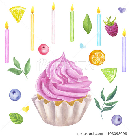 Muffin with pink sweet whipped cream. Berries, citrus fruits, chocolate, leaf. Collection rainbow cupcakes. Hand drawn watercolor illustration isolated background. Food clipart Muffin with pink sweet whipped cream. Berries, citrus fruits, chocolate, leaf. Collection rainbow cupcakes. Hand drawn watercolor illustration isolated background. Food clipart 108098098