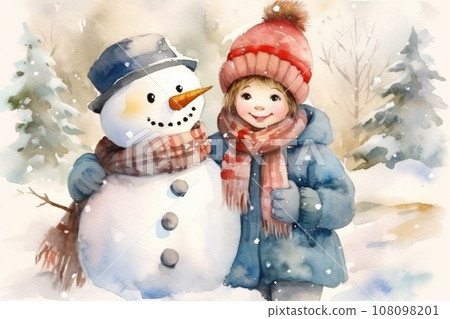 Ai generation. Winter scene with little girl and snowman. Watercolor painting. 108098201
