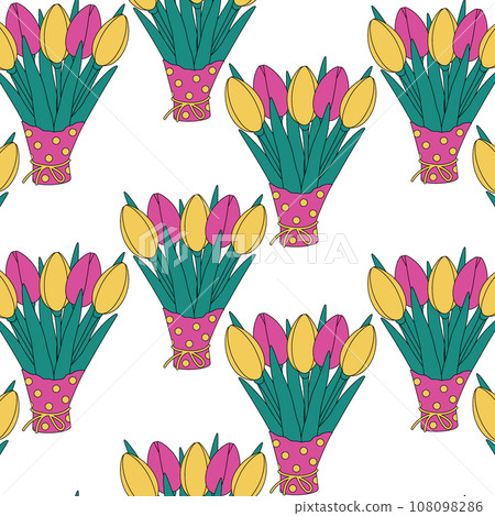 Seamless pattern of colorful tulip bouquet in wrapping paper in trendy bright shades pink and yellow Seamless pattern of colorful tulip bouquet in wrapping paper in trendy bright shades pink and yellow 108098286