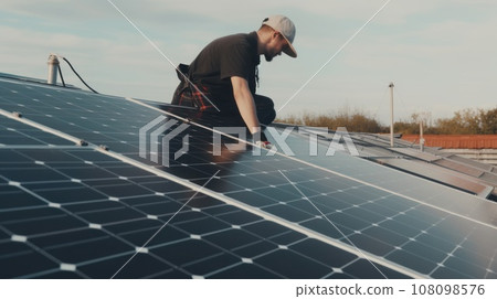 Alternative green energy, solar panels on the roof top of the house. Generative AI 108098576