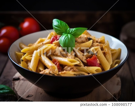 Penne pasta in tomato sauce with chicken in a bowl. Generative AI Penne pasta in tomato sauce with chicken in a bowl. Generative AI 108098577