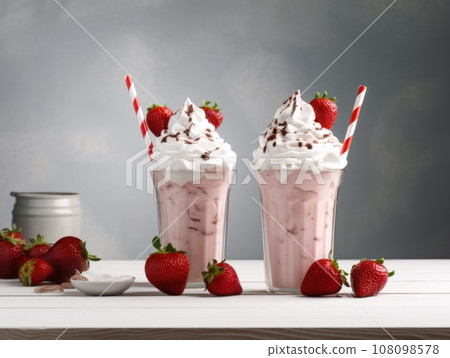 Glass with delicious strawberry milk shake. Generative AI 108098578