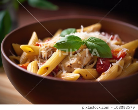 Penne pasta in tomato sauce with chicken in a bowl. Generative AI Penne pasta in tomato sauce with chicken in a bowl. Generative AI 108098579