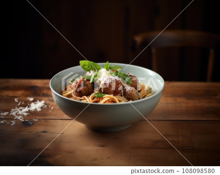 Spaghetti pasta with meatballs and tomato sauce on wooden table. Generative AI Spaghetti pasta with meatballs and tomato sauce on wooden table. Generative AI 108098580
