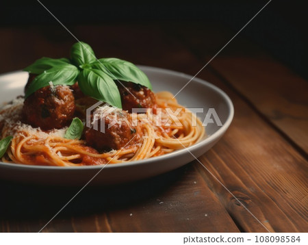 Spaghetti pasta with meatballs and tomato sauce on wooden table. Generative AI 108098584