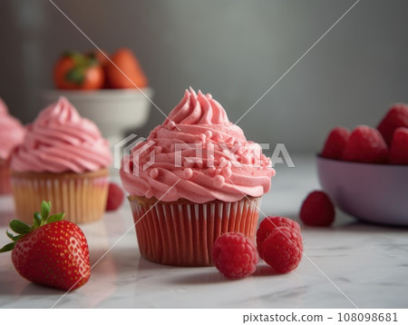 Pink Frosted Cupcakes with a Strawberry on Top. Generative AI Pink Frosted Cupcakes with a Strawberry on Top. Generative AI 108098681