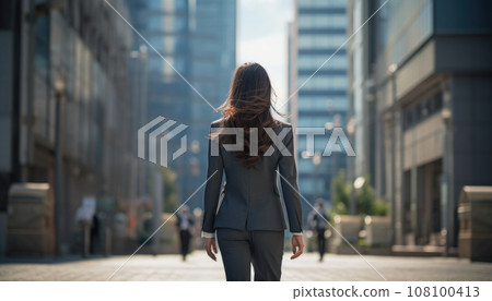 AI 產生的圖像：一名穿著西裝的亞洲女性白天在商業區行走的後視圖 108100413