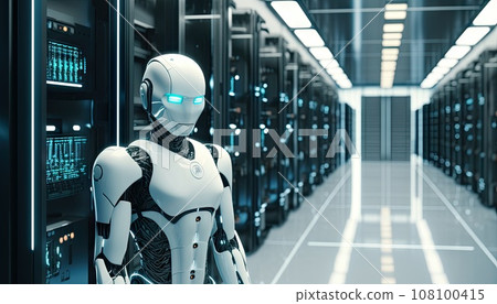 AI 產生的影像：AI 機器人站在未來的伺服器機房中 108100415