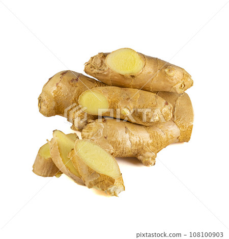 Fresh ginger rhizome with sliced isolated on white background. Fresh ginger rhizome with sliced isolated on white background. 108100903