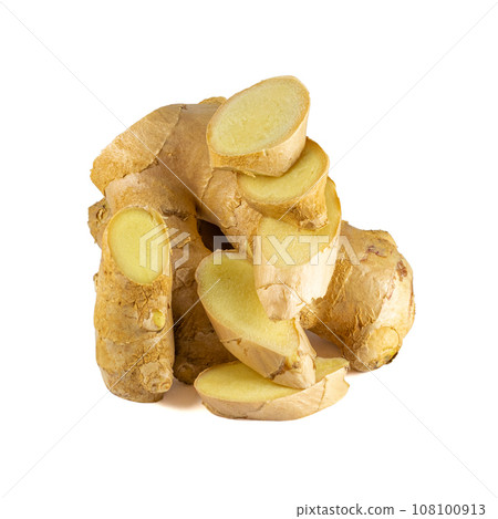 Fresh ginger rhizome with sliced isolated on white background. Fresh ginger rhizome with sliced isolated on white background. 108100913