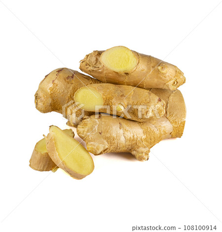 Fresh ginger rhizome with sliced isolated on white background. Fresh ginger rhizome with sliced isolated on white background. 108100914