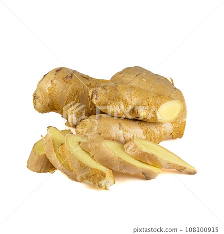 Fresh ginger rhizome with sliced isolated on white background. Fresh ginger rhizome with sliced isolated on white background. 108100915