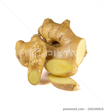 Fresh ginger rhizome with sliced isolated on white background. Fresh ginger rhizome with sliced isolated on white background. 108100928