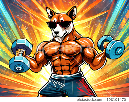 狗狗舉啞鈴進行肌力訓練和火焰背景[AI生成影像] 108101470
