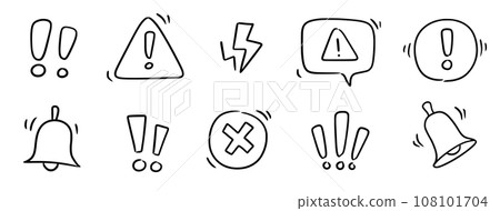 Doodle exclamation mark, alert danger sign set. Scribble hand drawn doodle exclamation triangle point, stop warning, hazard sign. Hand drawn sketch danger information sign. Vector 108101704