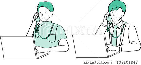 一名男醫生和護士一邊操作電腦一邊打電話 108101848