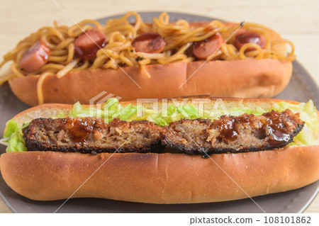 Minced meat cutlet and Yakisoba hot dog Minced meat cutlet and Yakisoba hot dog 108101862
