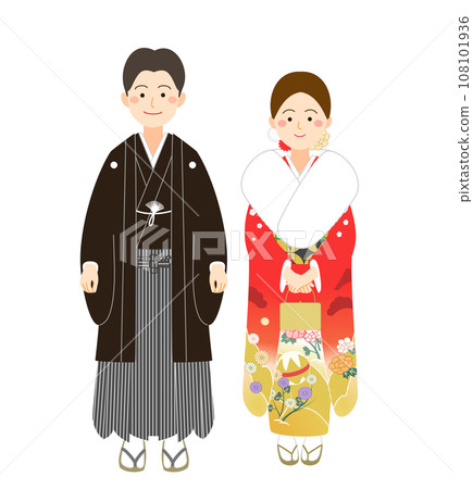 Men and women wearing crested hakama and furisode 108101936