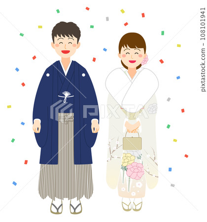Smiling men and women wearing crested hakama and furisode among confetti Smiling men and women wearing crested hakama and furisode among confetti 108101941