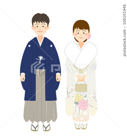 Men and women wearing crested hakama and furisode Men and women wearing crested hakama and furisode 108101948