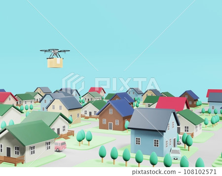 Drone carrying cargo over town Drone carrying cargo over town 108102571