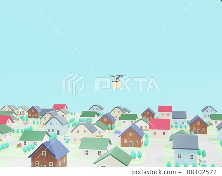 Drone carrying cargo over town 108102572