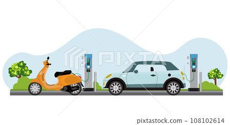 Electric car and electric scooter recharging batteries at Charging Station. 108102614