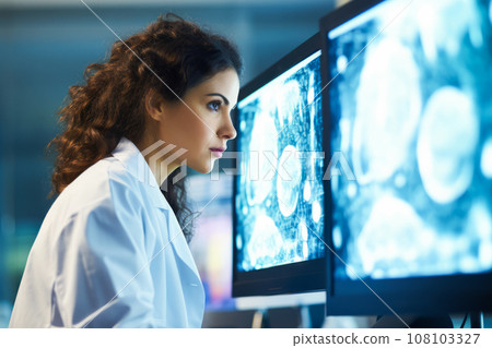 Competent Female Neurologist Engaged in Brain Scan Analysis. Specialized Physician Reviewing Lewy Body Dementia Brain Scans on Computer Monitor, Generative AI 108103327