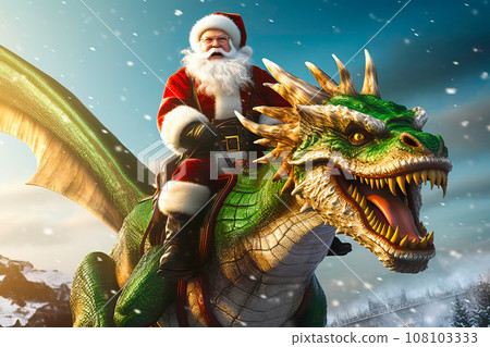 Journey of Santa Claus and the Christmas Dragon in New Year. New Year celebration concept. Generative AI. 108103333