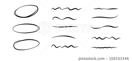 Smooth highlight lines and circles set. Doodle ellipses and wave strokes collection. Black underline curve wiggles and ovals. Vector handdrawn emphasis elements for poster, banner, decoration, collage 108103346