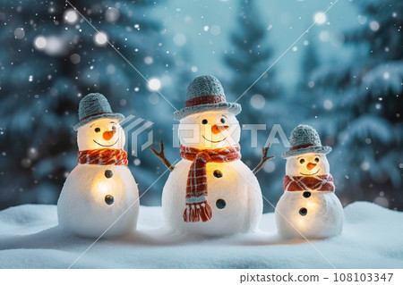 The Snowman Family Enjoys the Season with Frosty Festivities. Greeting card or poster. Generative AI. 108103347
