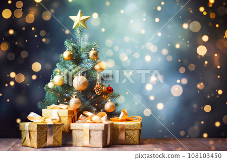 Decorated Tree, Gift Boxes, Star, and Copy Space. Generative AI. 108103450