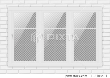 Transparent white window frame on brick wall 108103491