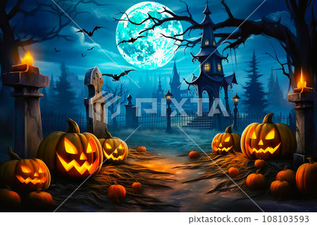 Sinister Pumpkin Display: Haunted Graveyard on a Moonlit Night. High-quality photo. Generative AI 108103593