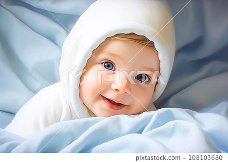 Bright blue baby girl's gaze is cradled in love. Generative AI 108103680