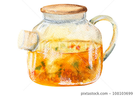 Watercolor illustration of a transparent glass teapot with sea buckthorn tea. Hand drawn Watercolor illustration of a transparent glass teapot with sea buckthorn tea. Hand drawn 108103699