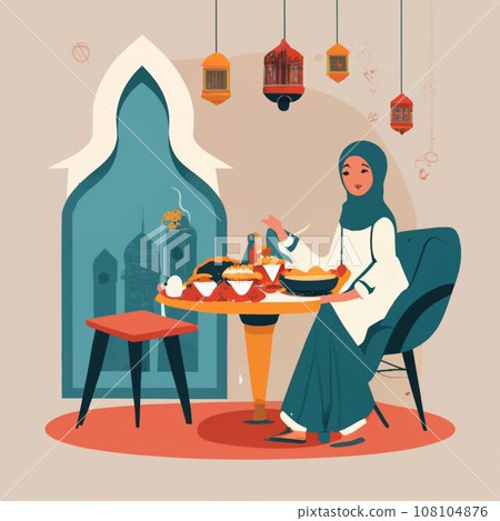 Muslim women during iftar table vector illustration design Muslim women during iftar table vector illustration design 108104876