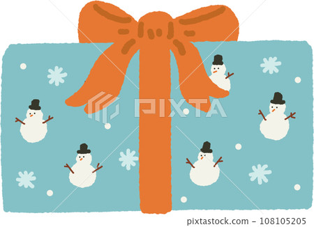 Christmas gift box with blue snowman and orange color ribbon hand drawn 108105205