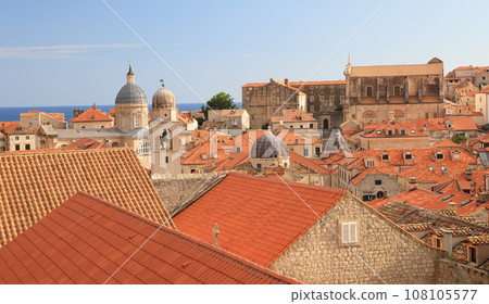 Aerial view of Dubrovnik Old Town with red roofs on the foreground, Croatia, Europe 108105577