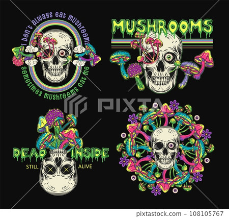 Labels with human skull, fantasy mushrooms Labels with human skull, fantasy mushrooms 108105767