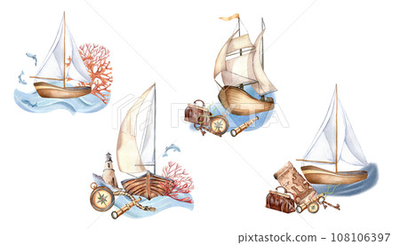 Watercolor set with sailing ship, yacht and ship in pastel colors. Hand painted compass, sea plants, fish isolated on white background. Childish design elements for boy. Adventure items hand drawn 108106397