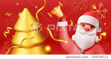 3D Santa Claus with Bell and Gold Christmas Tree 108106511