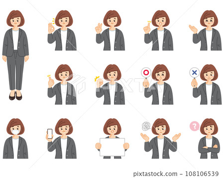 Business woman in casual clothes, illustration material set of facial expressions and gestures Business woman in casual clothes, illustration material set of facial expressions and gestures 108106539