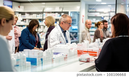 Pharmacist advises customers in the pharmacy 108106668
