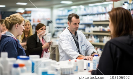 Pharmacist advises customers in the pharmacy Pharmacist advises customers in the pharmacy 108106902