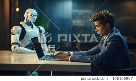 A man at a table communicates with a robot A man at a table communicates with a robot 108106907