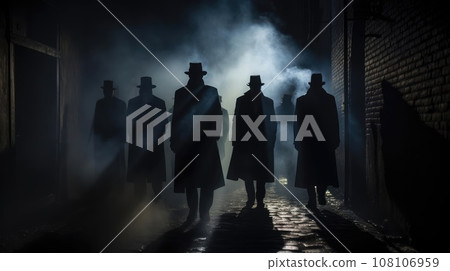 Several dark silhouettes of criminal people Several dark silhouettes of criminal people 108106959