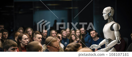Presentation of a robot with AI at a conference in front of people 108107181